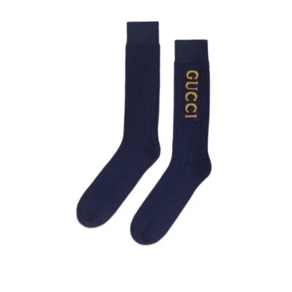 Gucci Dark Blue Socks with Gold Logo
